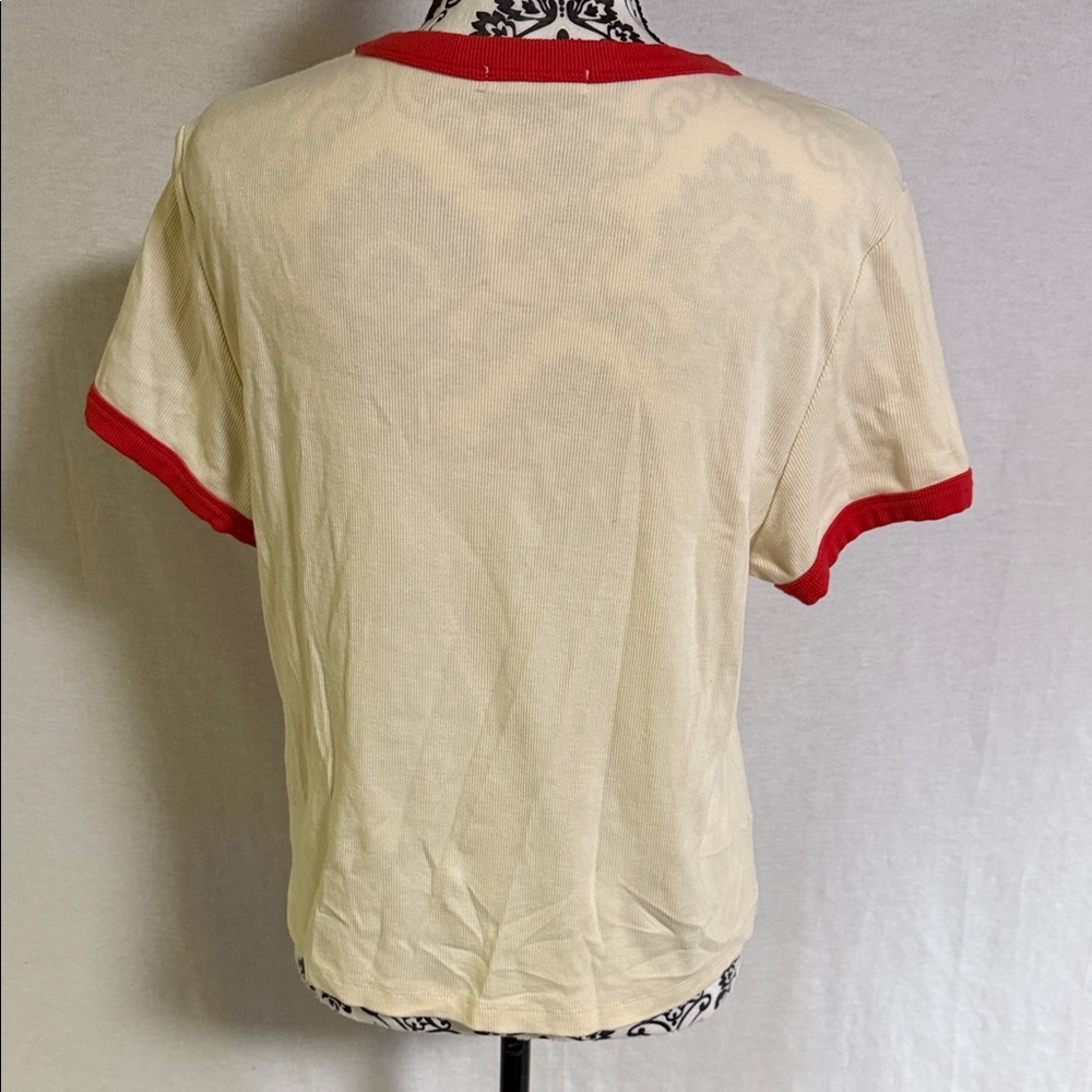 Marine Layer Lexi Rib Sun In Crewneck Ringer Tee in Cream and Hibiscus Red trim - Picture 4 of 11